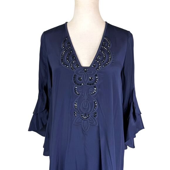 Lilly Pulitzer Tatiana Navy Sequin Silk Blend Long Bell Sleeve Mini Tunic Dress - Picture 4 of 13